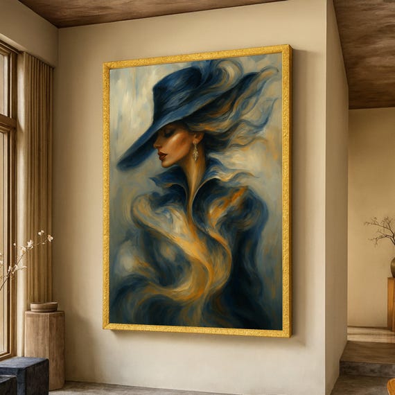 Elegant Woman Portrait Canvas Fashion Art Print Feminine Wall Decor Abstract Oil Painting Blue Hat Artwork Modern Design