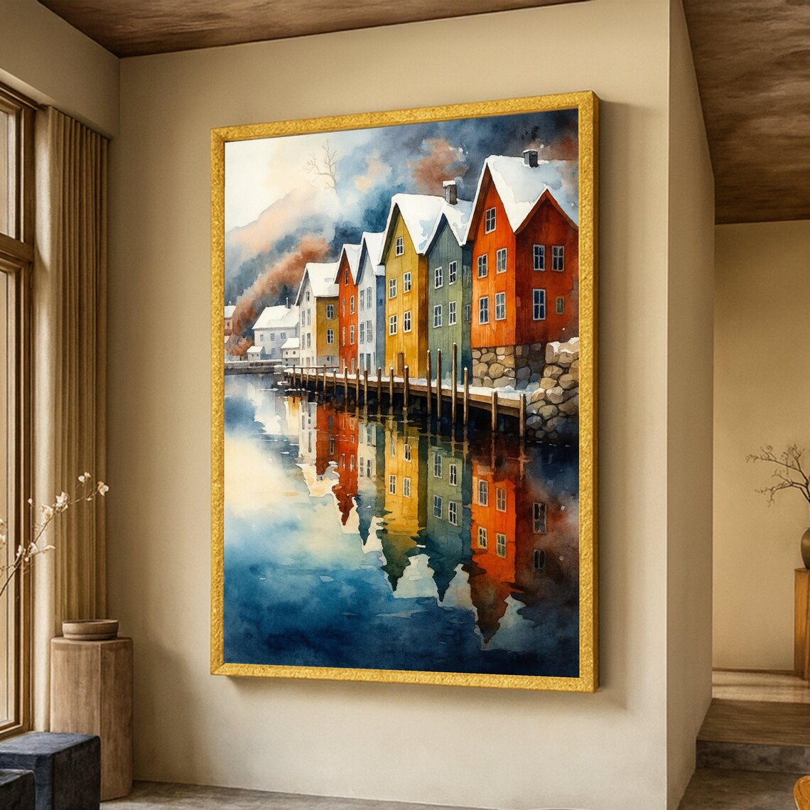 Winter Waterfront Village, Scandinavian Landscape Art Print