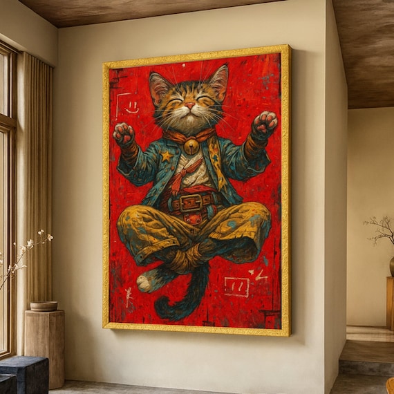 Whimsical Zen Cat Canvas Meditating Feline Wall Art Colorful Red Background Playful Animal Decor Boho Style Print