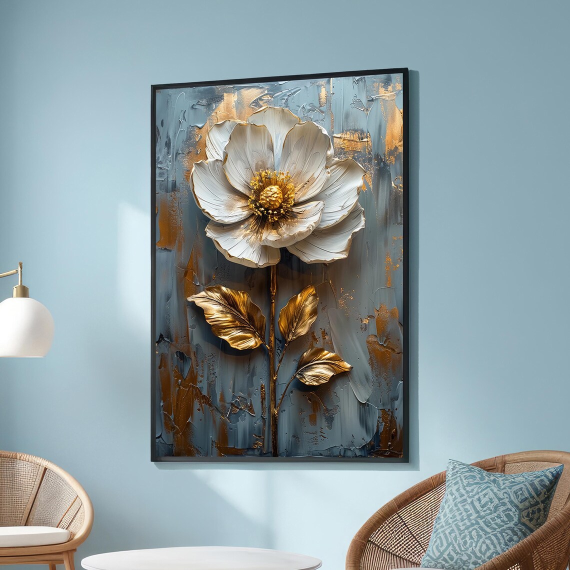Metallic Gold Flower On Blue, Textured Floral Art Print