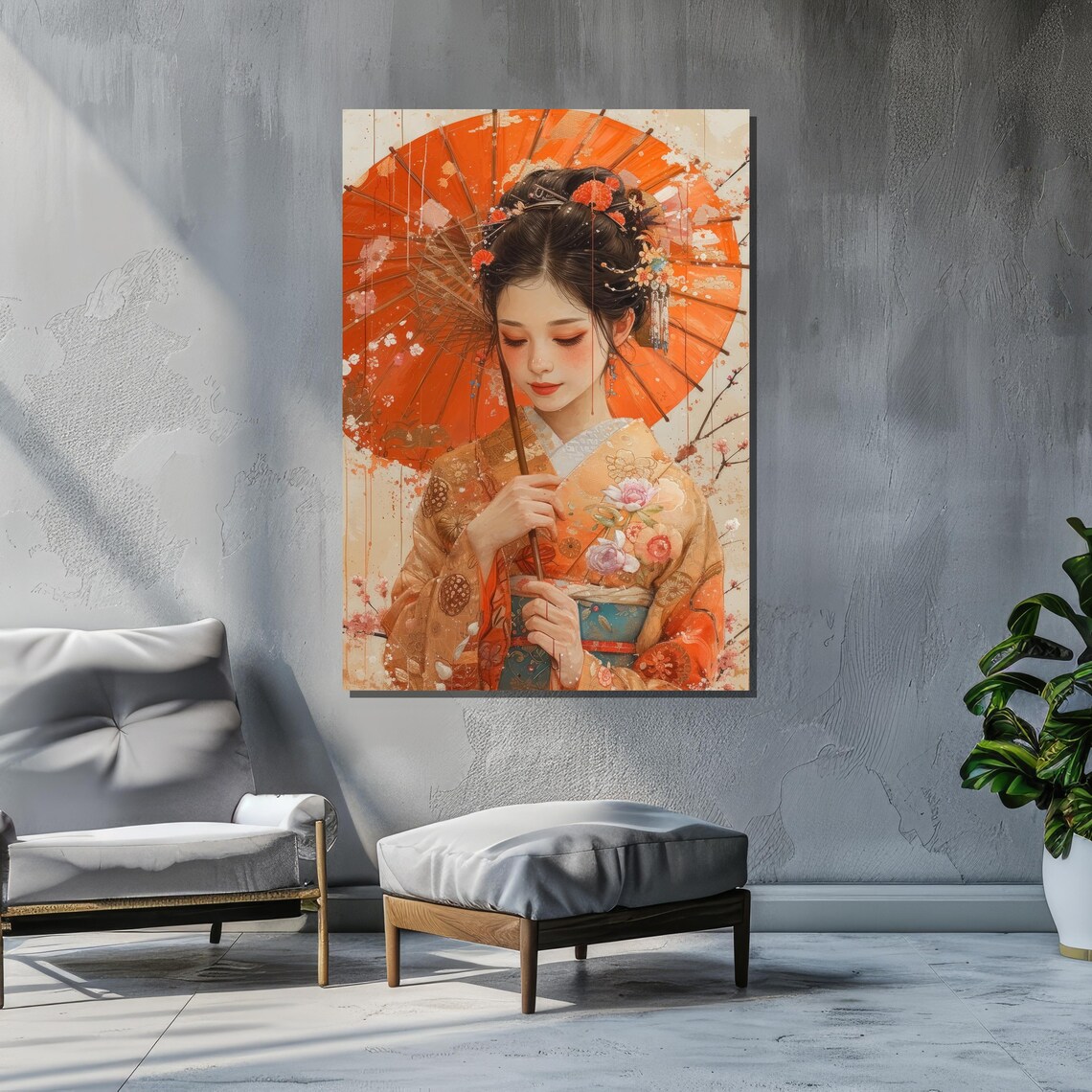 Japanese Woman With Orange Parasol, Boho Portrait Art - Image 2
