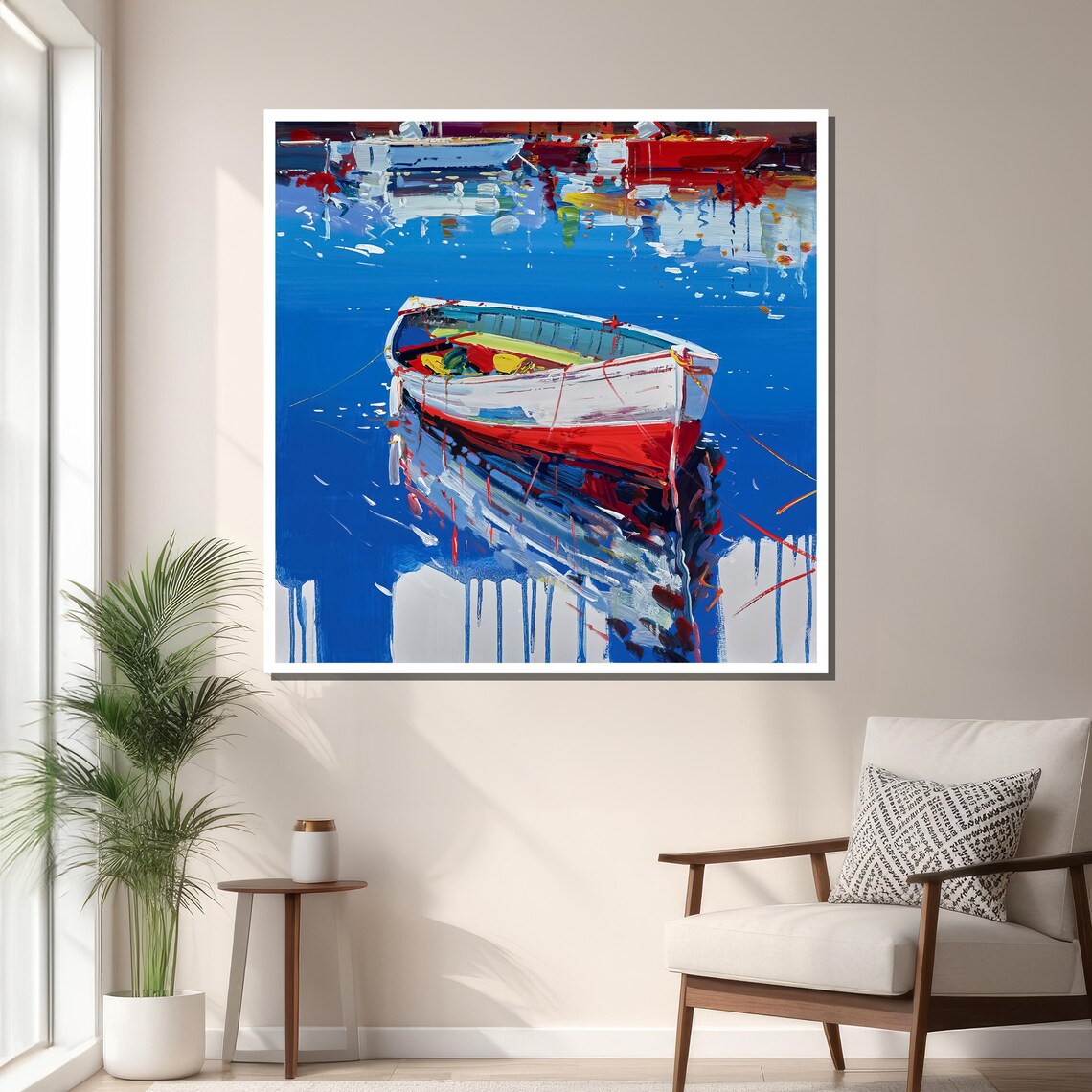Vibrant Boat on Blue Water, Impressionist Nautical Art - Image 3
