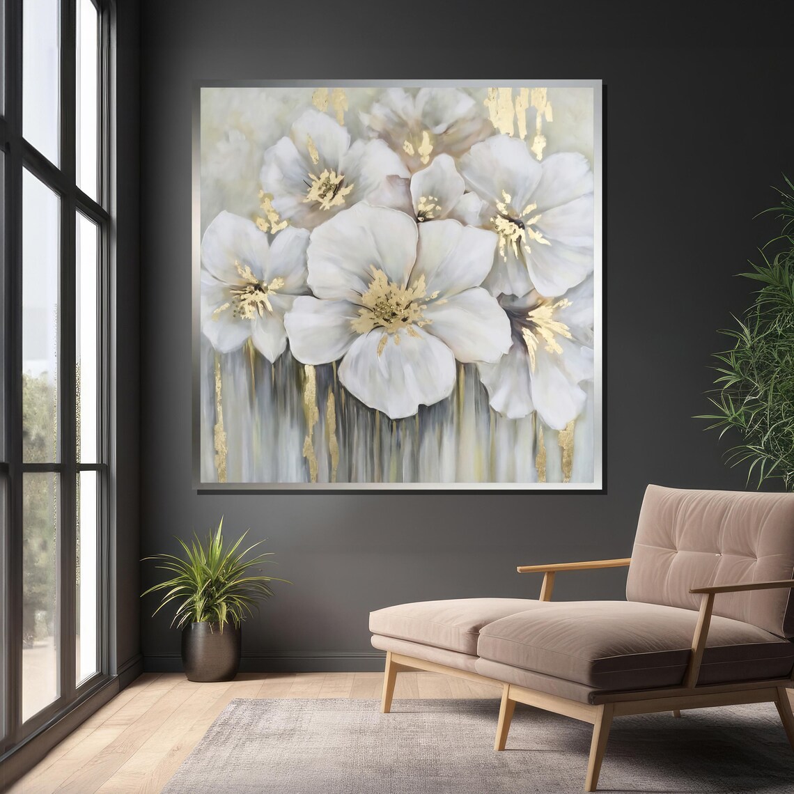 Elegant White Flowers With Gold Accents, Modern Floral - Image 6