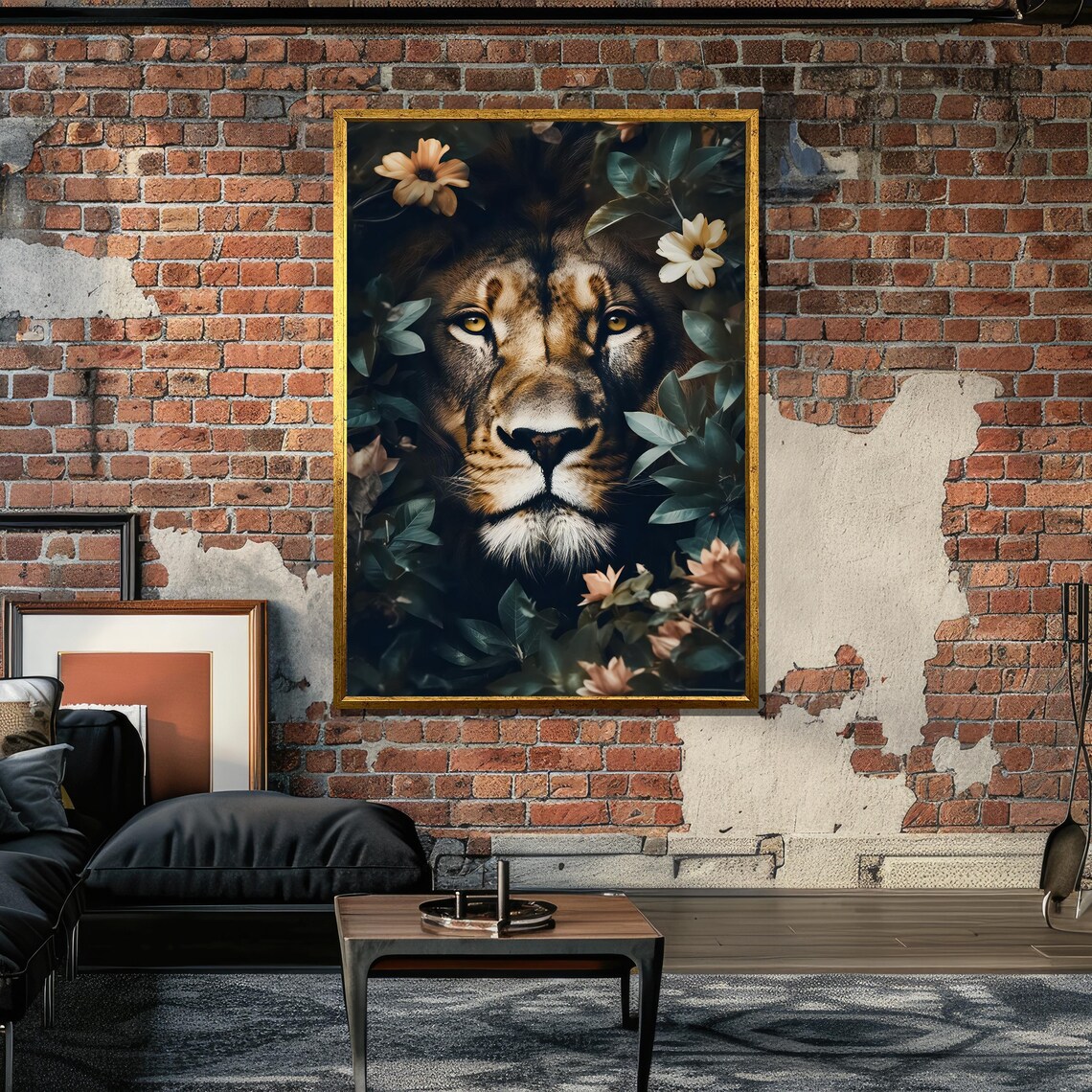 Majestic Lion Face With Floral Foliage, Nature Inspired Art - Image 6
