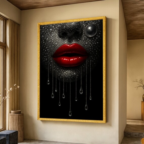 Dramatic Red Lips Black Pearl Water Drops Glam Beauty Poster