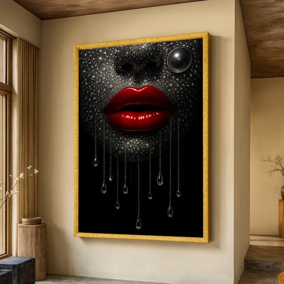 Dramatic Red Lips Canvas Abstract Black Pearl Texture Surreal Face Art Modern Wall Decor Glossy Lip Print On