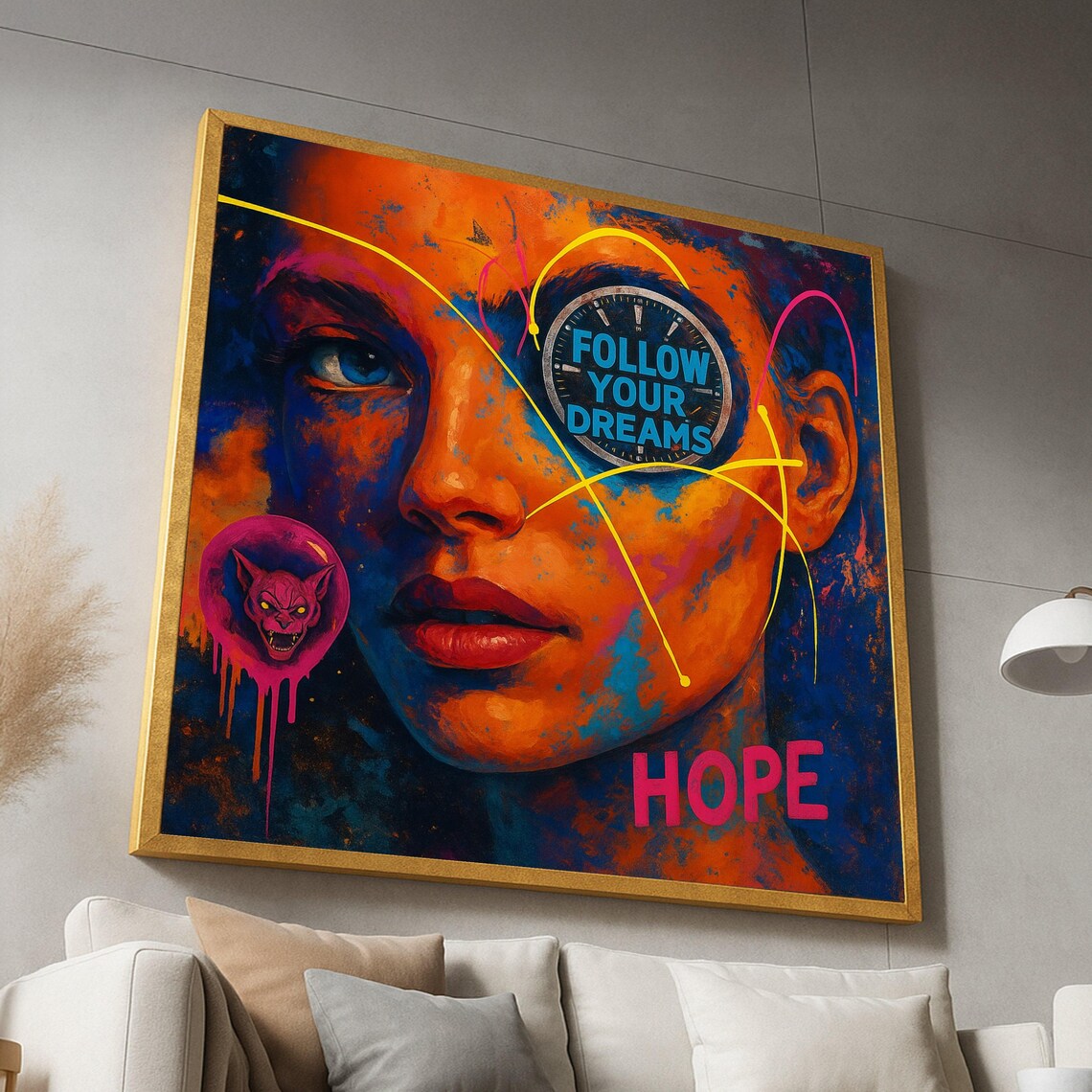 Neon Woman Face Follow Your Dreams Hope Vibrant Motivational Art Poster