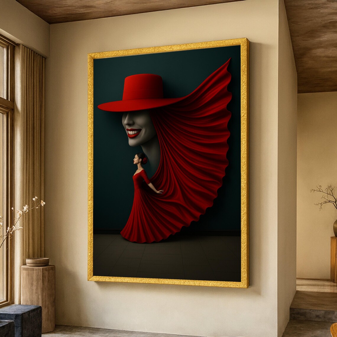 Elegant Woman In Flowing Red Dress, Fashion Illustration