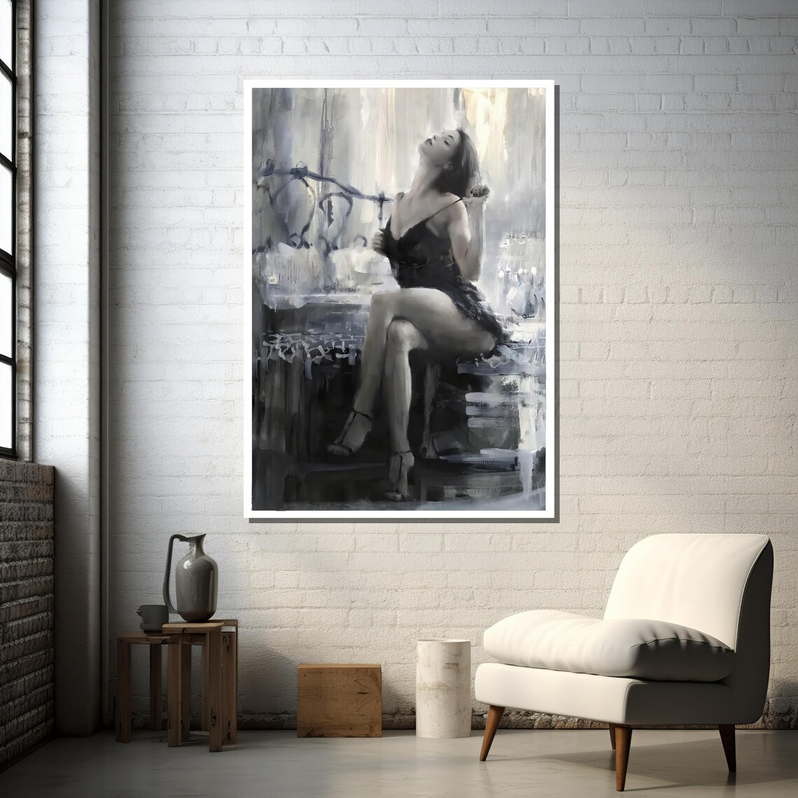 Elegant Woman in Black Lace, Monochromatic Realism - Image 5