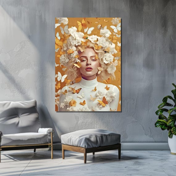 Floral Woman With Butterflies Canvas Elegant Natureinspired Art Surreal Yellow And White Decor Feminine Modern Wall For Home
