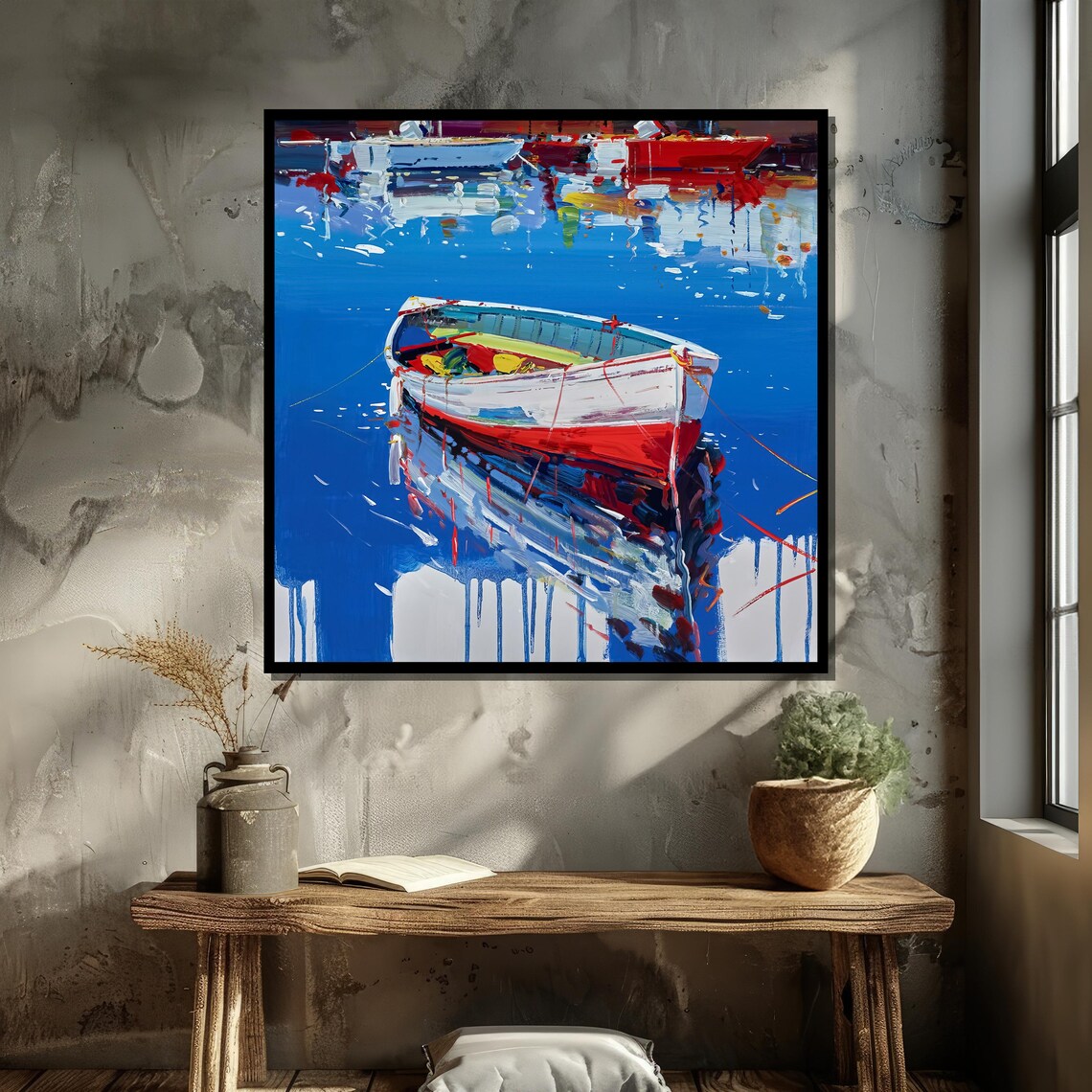 Vibrant Boat on Blue Water, Impressionist Nautical Art - Image 5