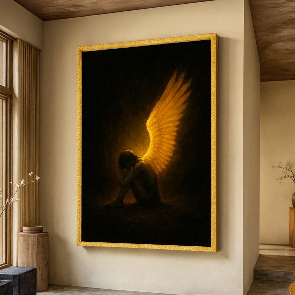 Melancholic Angel With Glowing Wings Art Print