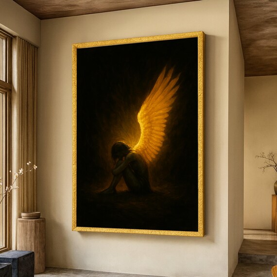 Melancholic Angel With Glowing Wings Art Print