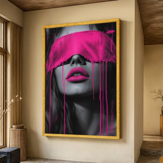 Bold Pink Paint Drip Fashion Portrait Contemporary Pop Art Wall Art