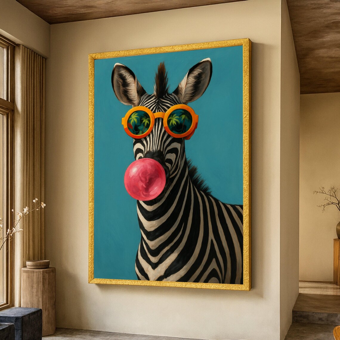 Playful Zebra With Bubblegum, Animal Art Print