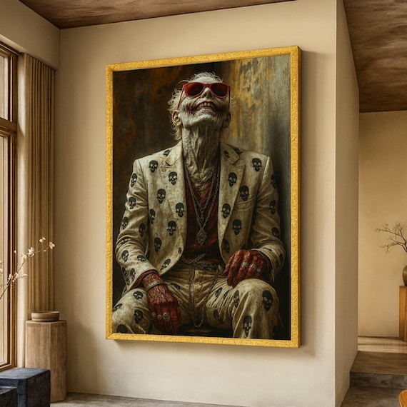 Gothic Skeleton Portrait Canvas Skull Pattern Suit Wall Art Horror Home Decor Dark Fantasy Unique Halloween Decoration
