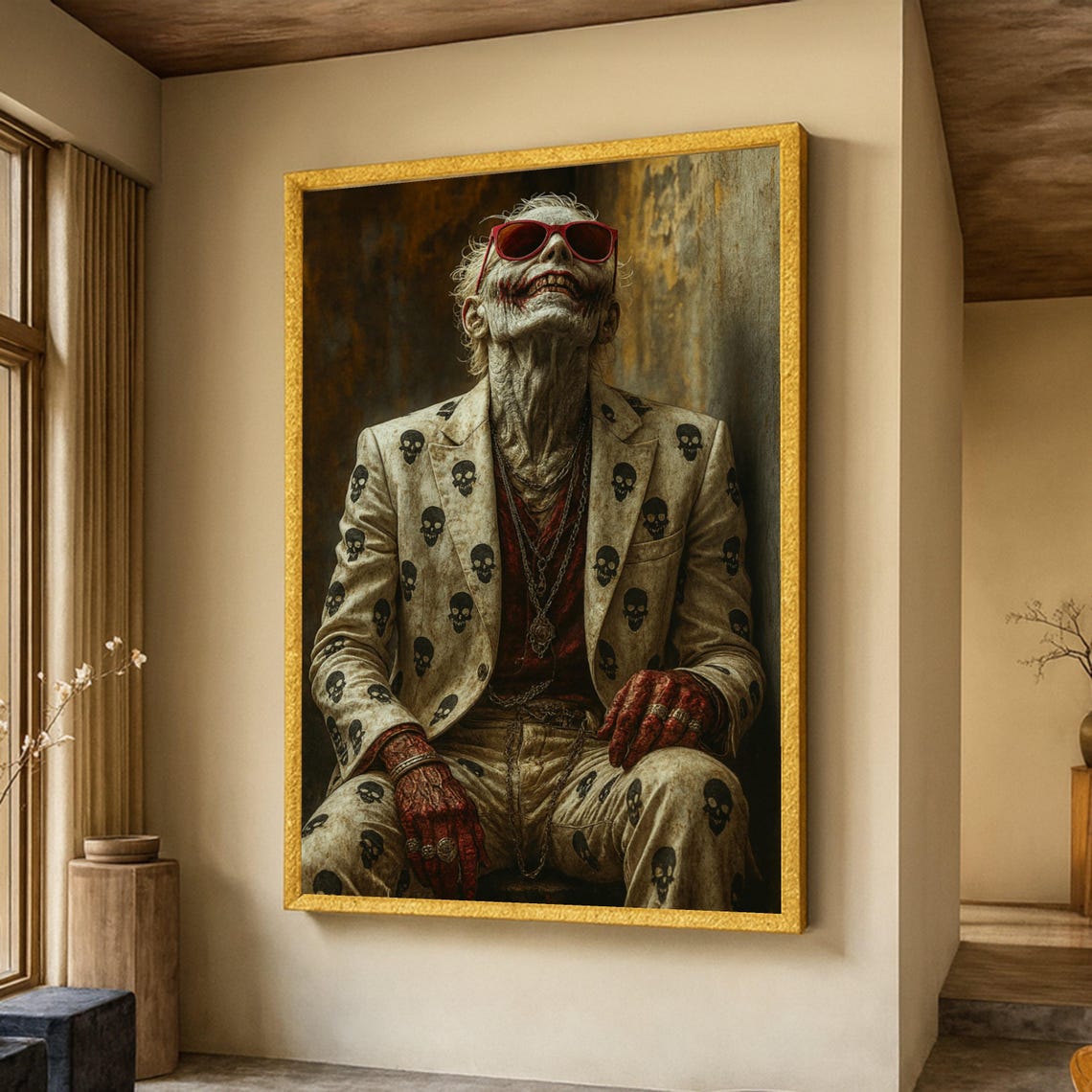 Gothic Skeleton Portrait Skull Pattern Suit Sunglasses Dark Wall Art