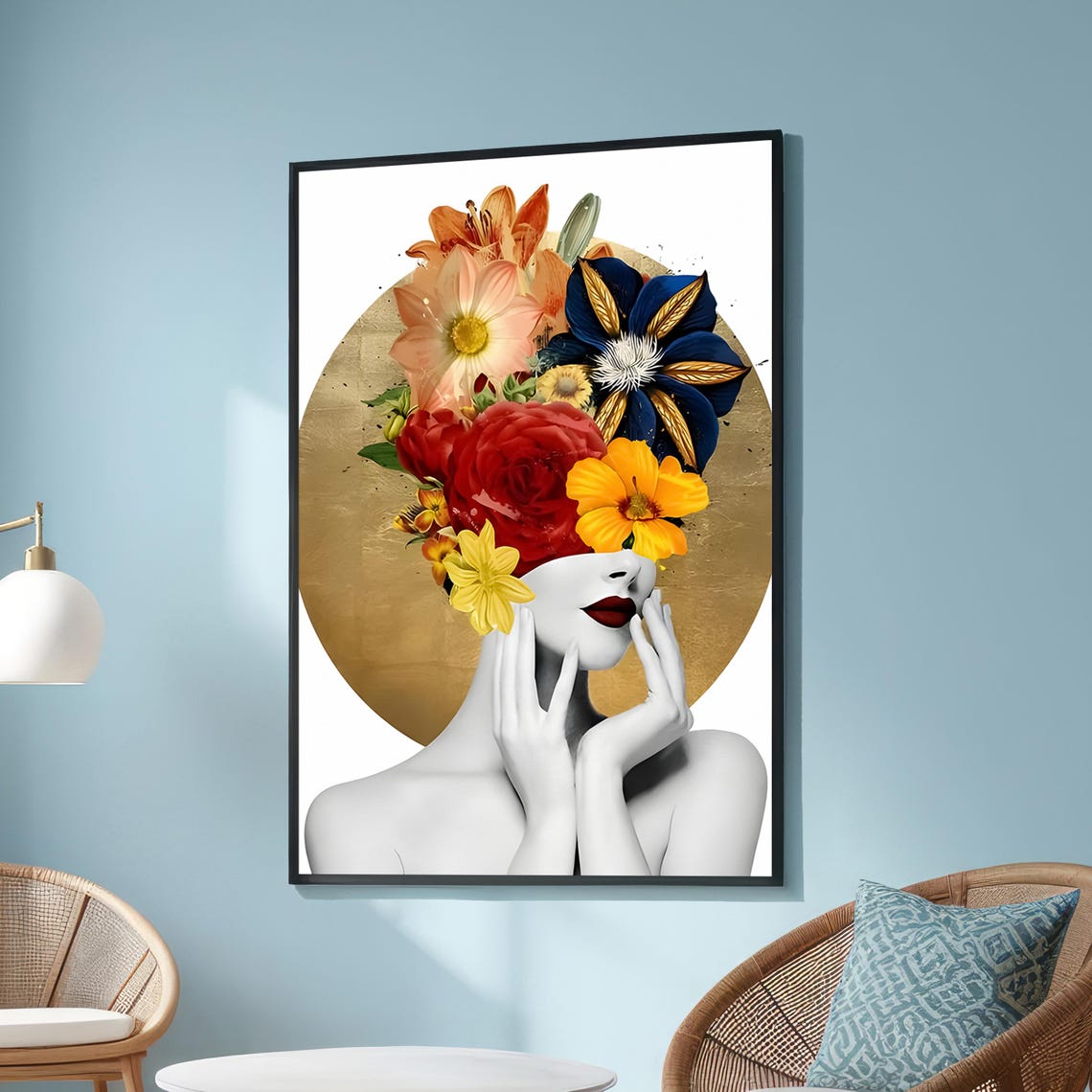 Surreal Floral Woman With Vibrant Flower Crown And Golden Accents Modern Abstract Wall Art Colorful Canvas For Living Room Or Bedroom