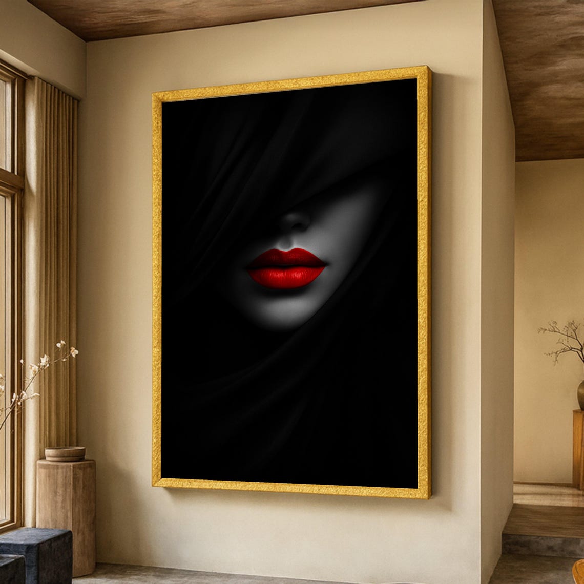 Red Lips Under Black Veil Mystery Noir Elegant Portrait Art Poster