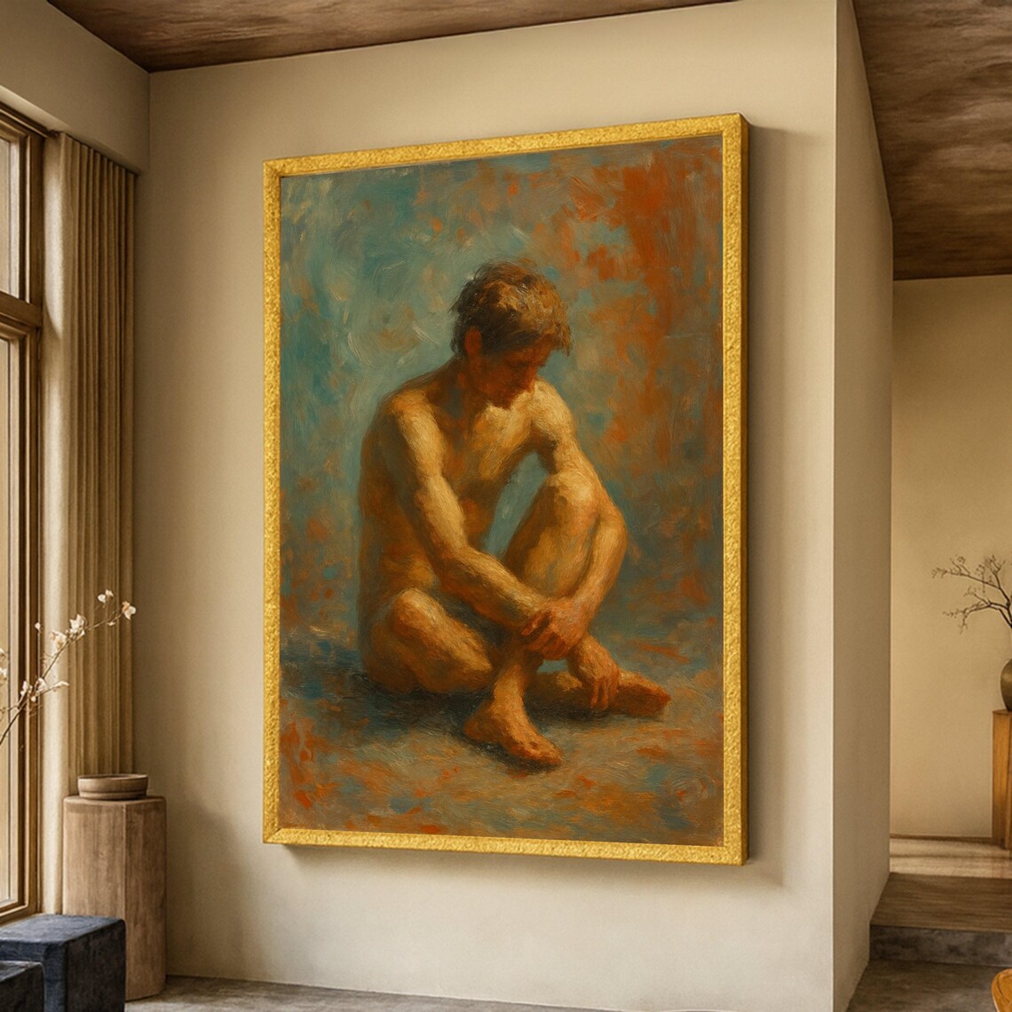 Contemplative Male Nude Figure, Expressionist Art Print