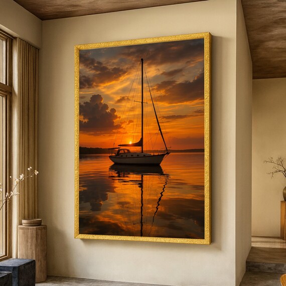 Tranquil Sailboat at Sunset Golden Sky Ocean Reflection Poster