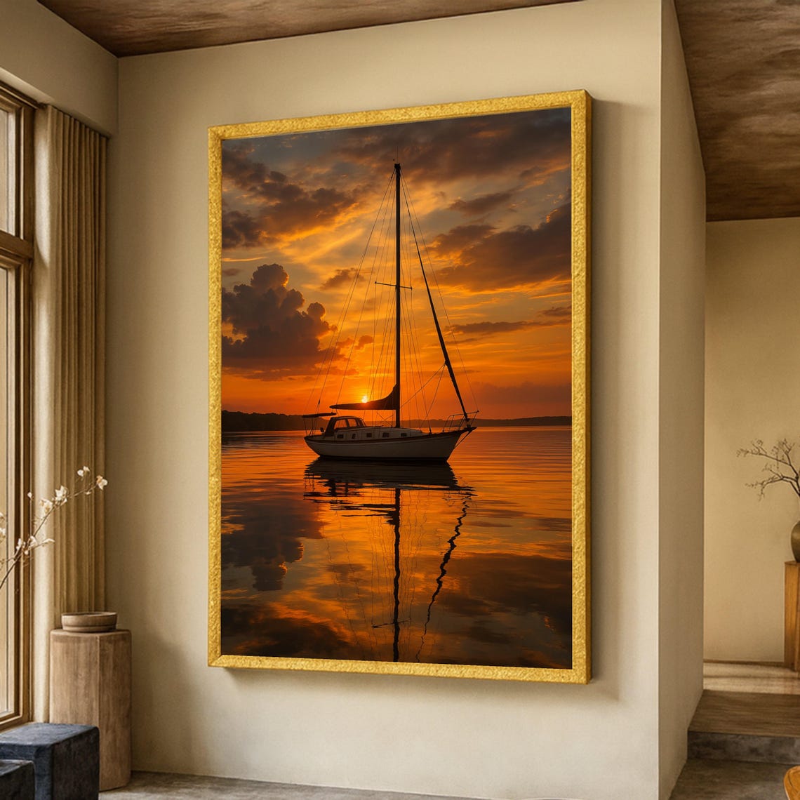 Tranquil Sailboat at Sunset Golden Sky Ocean Reflection Poster