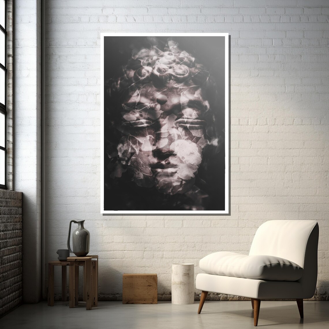 Surreal Double Exposure Classical Statue, Floral Overlay - Image 3