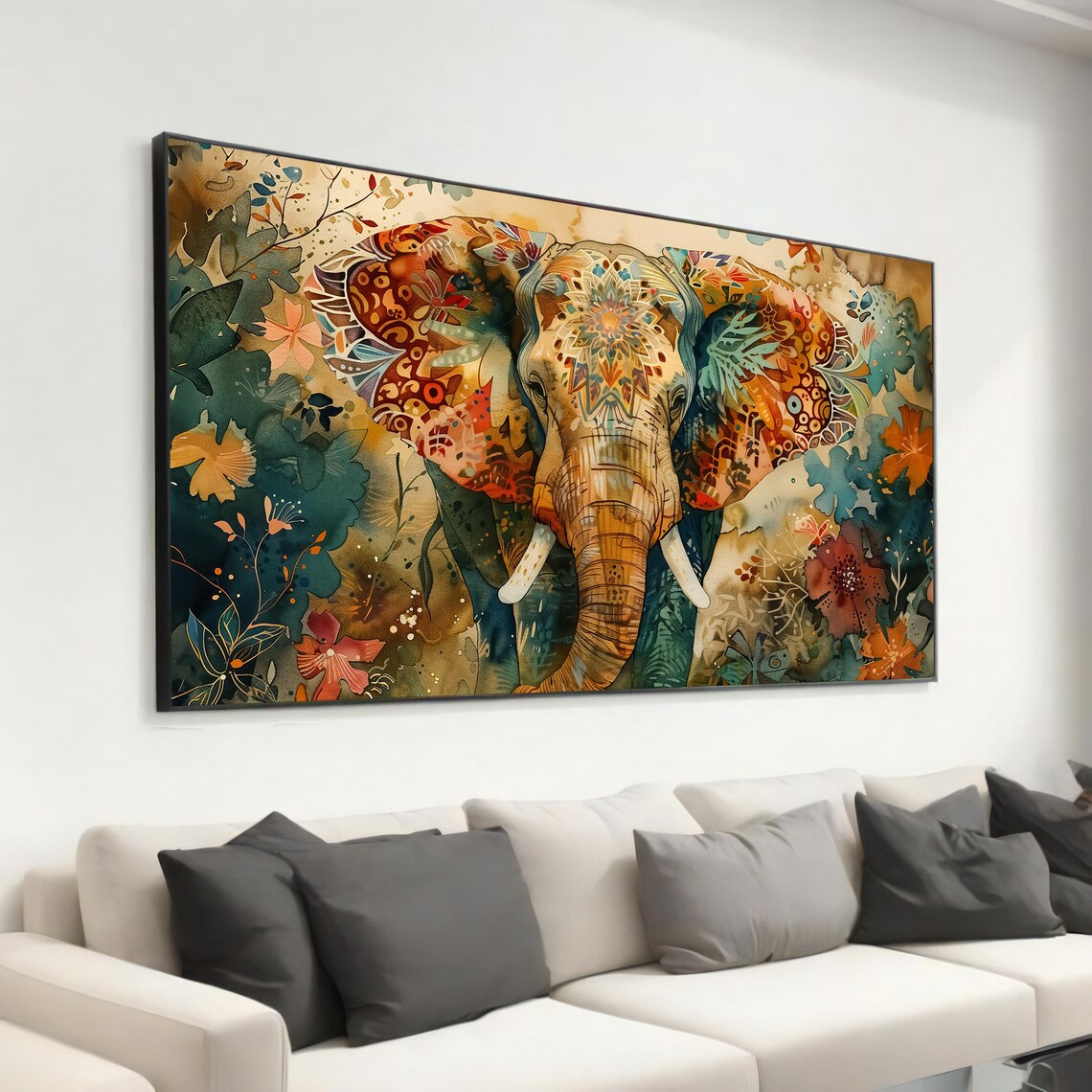 Watercolor Elephant With Floral Patterns, Wildlife Art