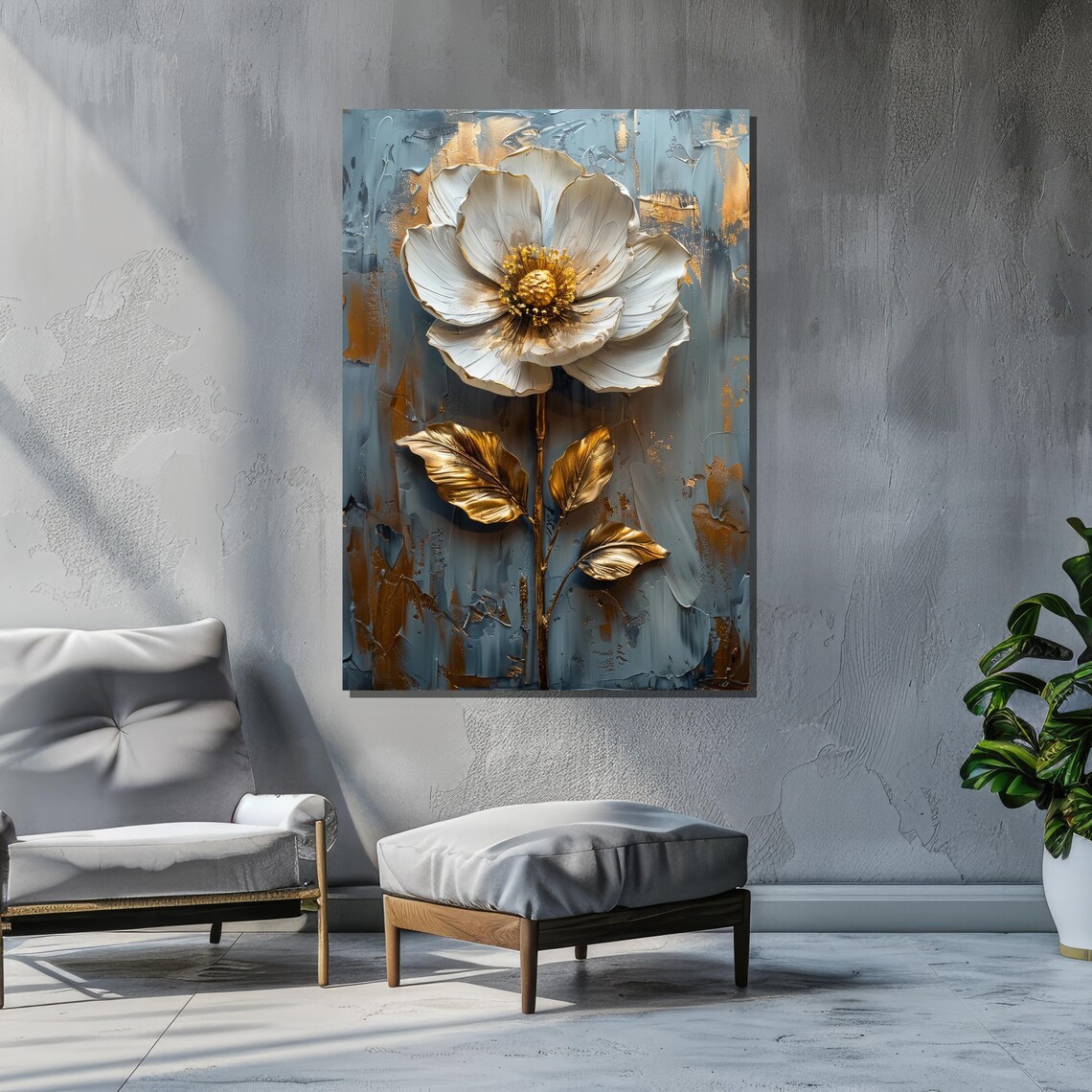 Metallic Gold Flower On Blue, Textured Floral Art Print - Image 2