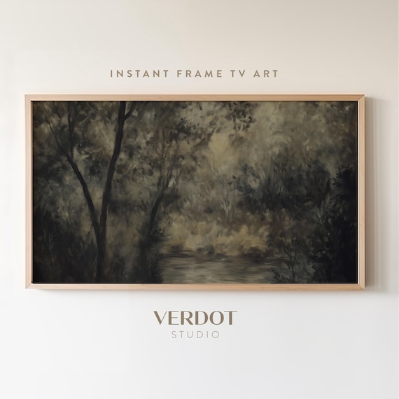 Dark Vintage Trees Frame Tv Art Tonal Forest Landscape Painting Muted Impressionist Screensaver Moody Rustic Summer Decor 25021
