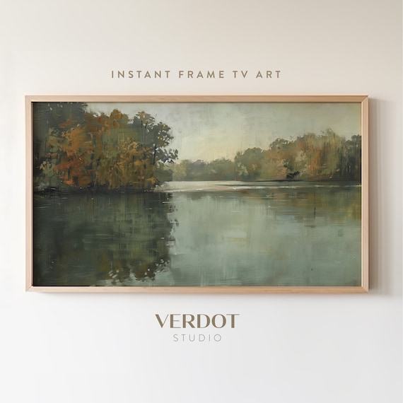 Vintage Fall Frame Tv Art Country Green Autumn Landscape Painting Fall Lake Tv Moody Fall Decor Tv2493