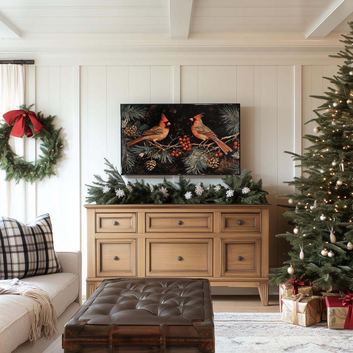 Cardinal Bird Christmas Frame Tv Art Vintage Christmas Holiday Painting Dark Antique Winter Screensaver Berry Evergreen Branch Tv24238 - Image 3
