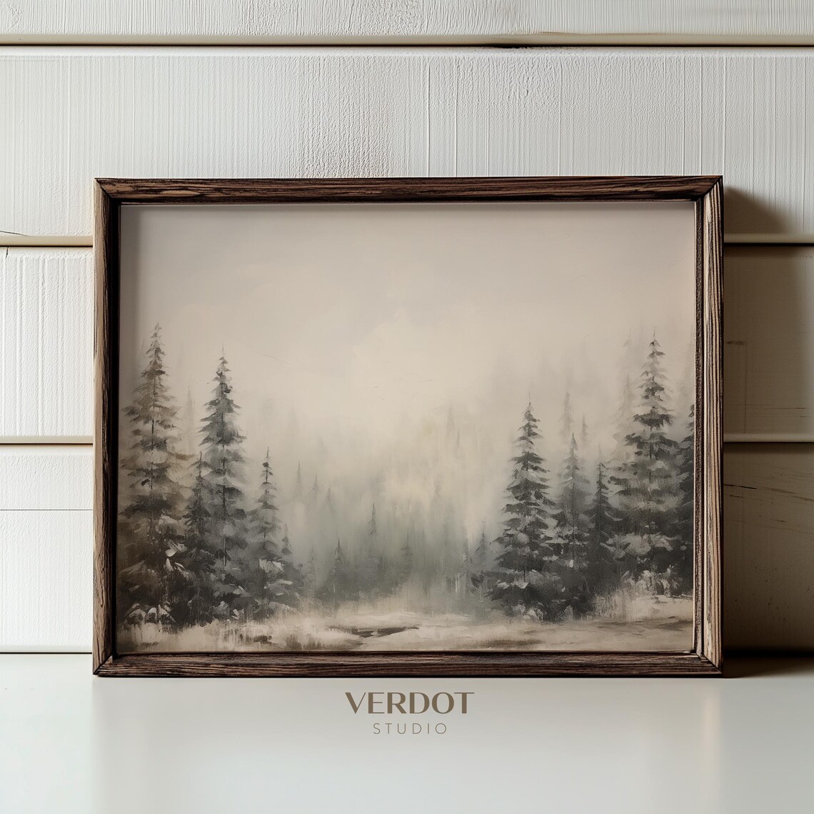 Winter Forest Painting, Neutral Rustic Holiday Art Print