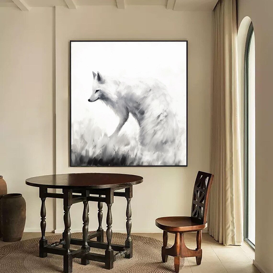 Minimalist White Fox Walking Winter Snow Scene Animal Canvas Wall Art Print - Image 4