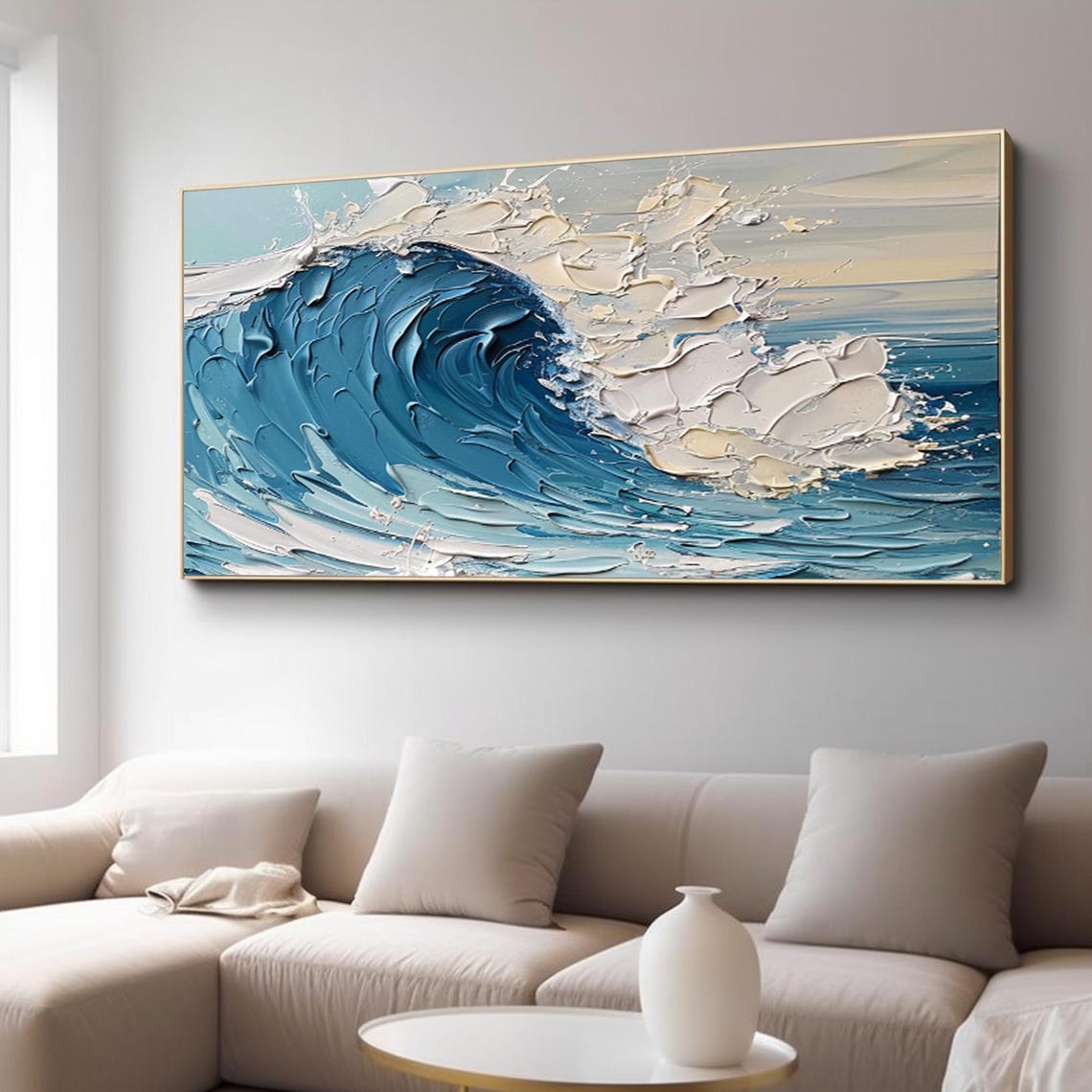 Blue Ocean Wave Crashing White Foam Impasto Panoramic Seascape Poster - Image 2