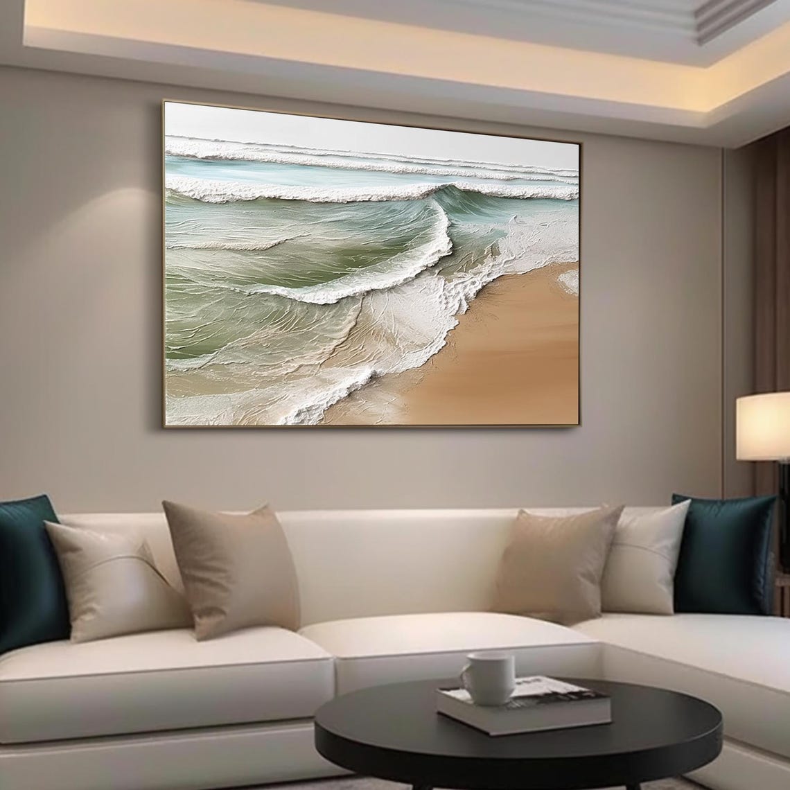 Teal Ocean Waves Washing Tan Sand Beach Panoramic Seascape Art Poster - Image 2