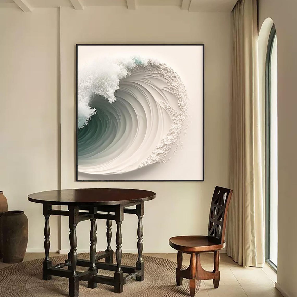 Green White Ocean Wave Curl Foam Abstract Textured Square Poster - Image 3