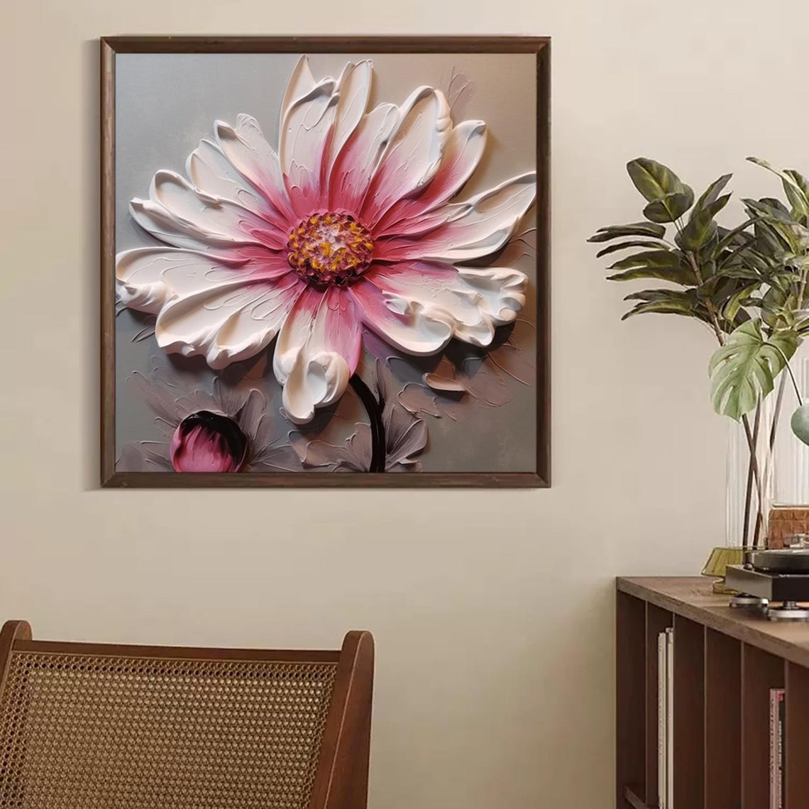 White Pink Daisy Flower Bud 3D Impasto Blooming Floral Square Poster - Image 3