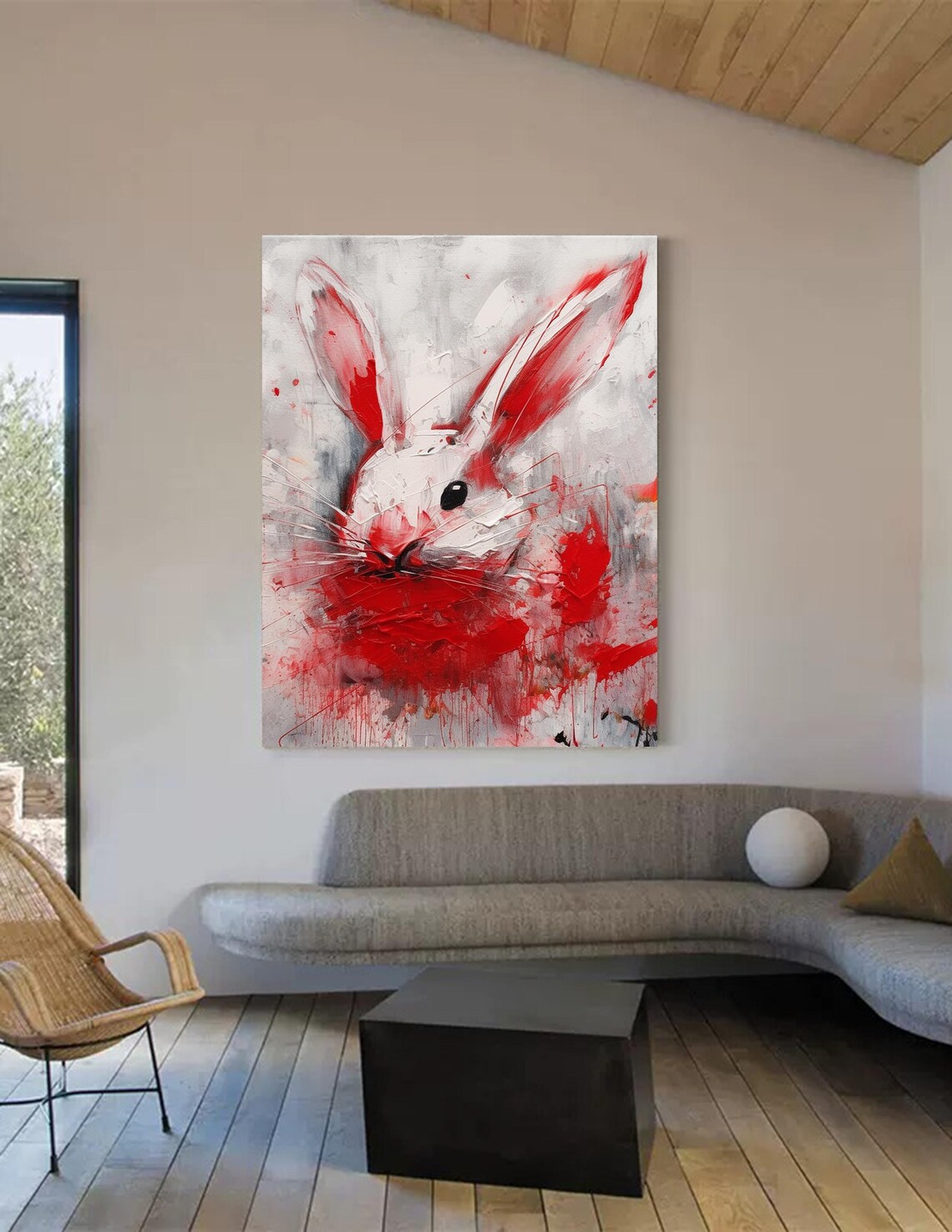 Abstract Red White Rabbit Oil Painting Modern Bunny Animal Canvas Wall Art - Image 3