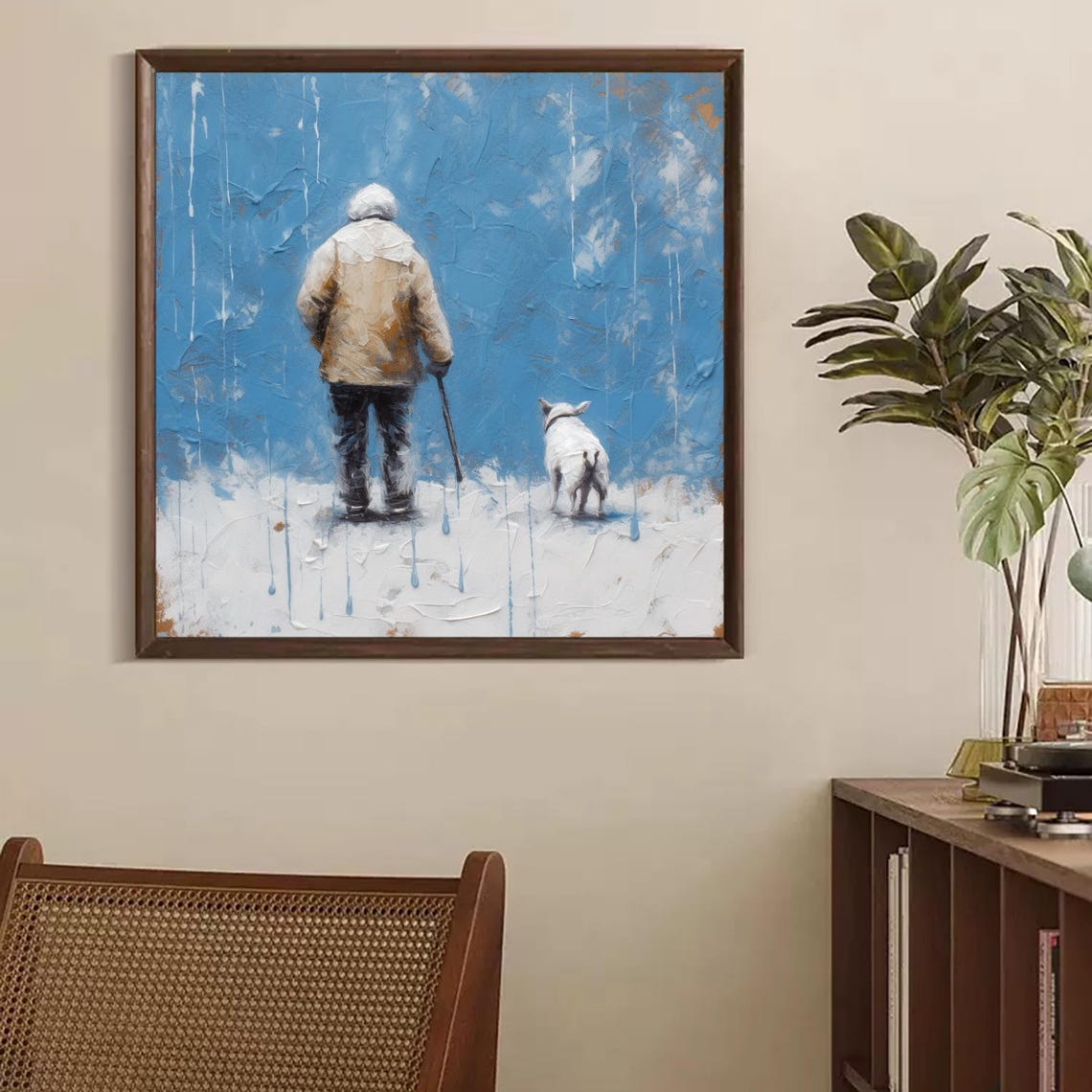 Man And Dog Walking In The Snow Man And Dog Snow Scene Art Original Old Man And The Dog Painting Painting On Antique Snow Painting