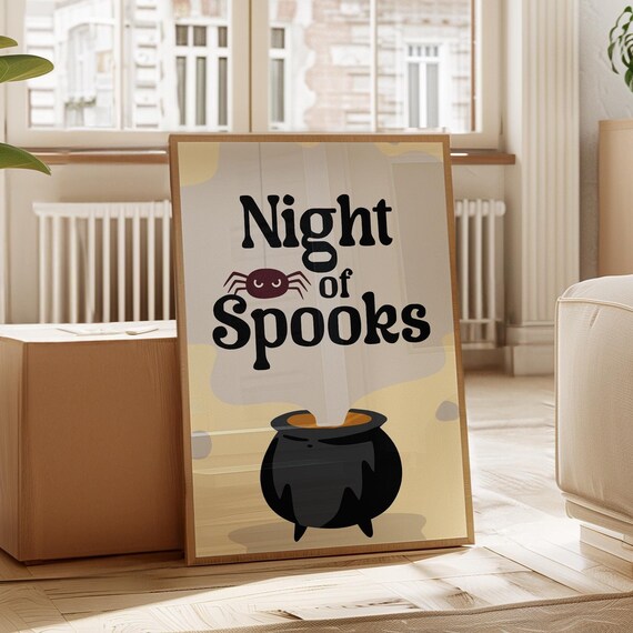 Night Of Spooks Cute Spider Cauldron Illustration Spooky Season Decor Poster