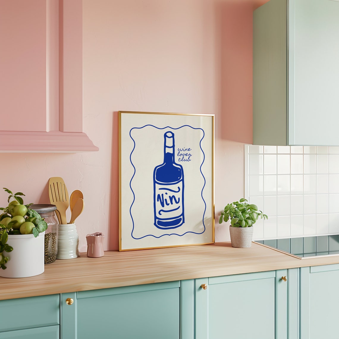 Wine Lover Club Vin Blue Line Art Wine Bottle Kitchen Poster - Image 2