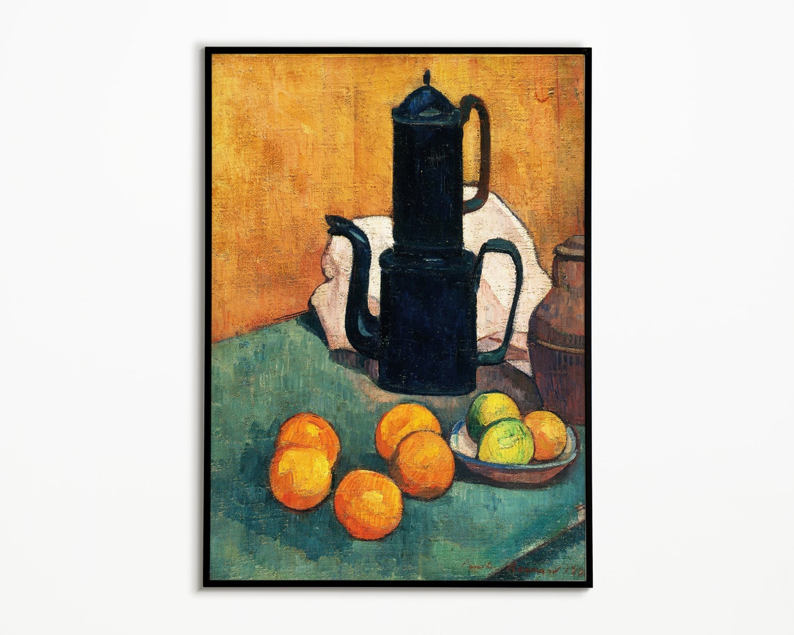 Dark Coffee Pot With Oranges Still Life Painting Style Poster
