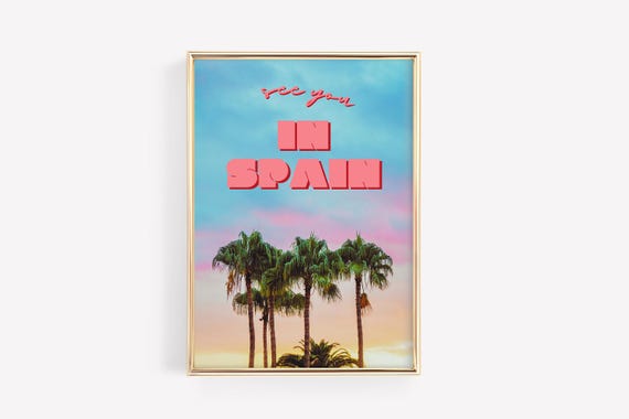 Spain Palm Tree Travel Poster Retro Pink Typography Print Tropical Pastel Decor Wall Art For Home Office Or Gift Idea