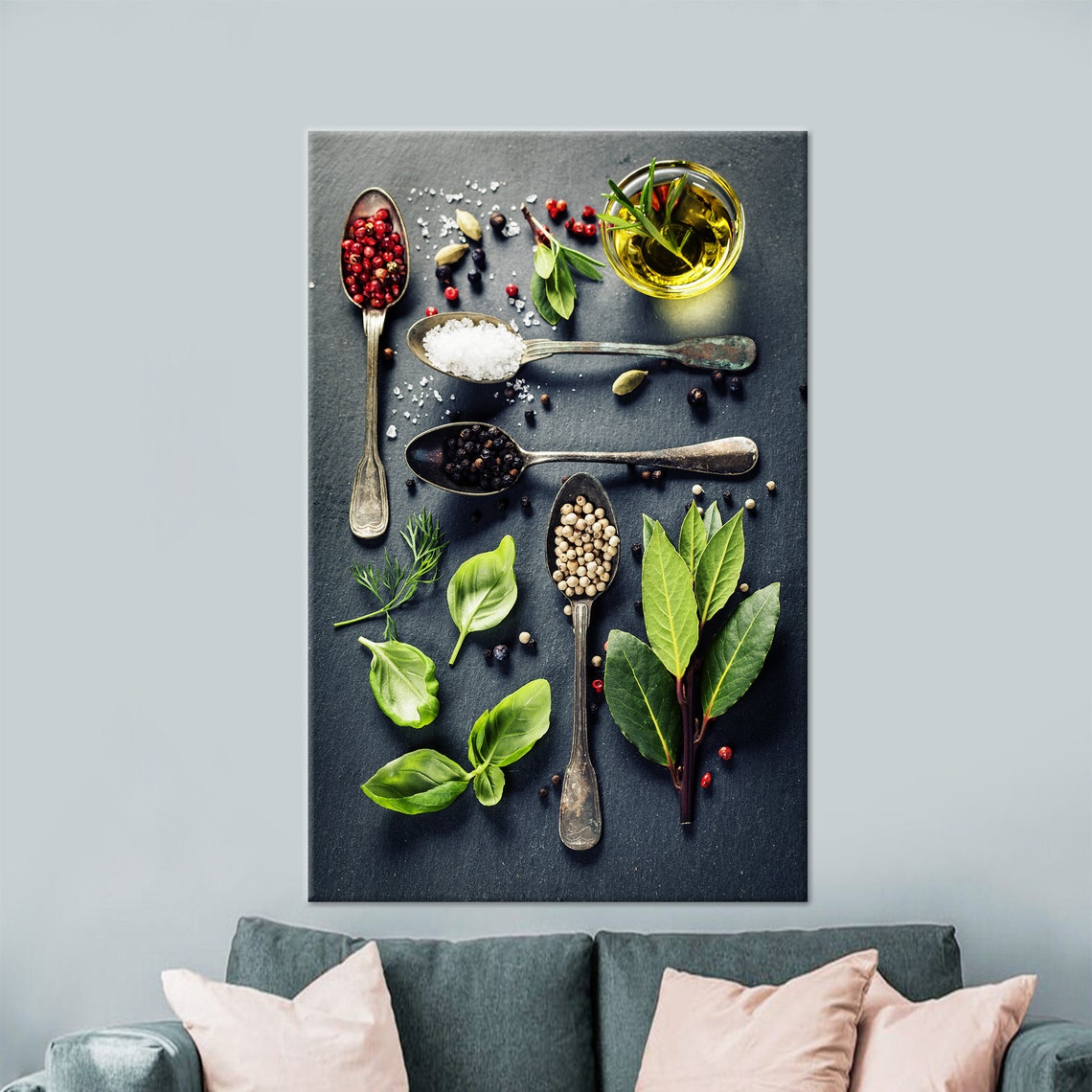 Fresh Herbs Spices Peppercorns Dark Slate Kitchen Food Poster