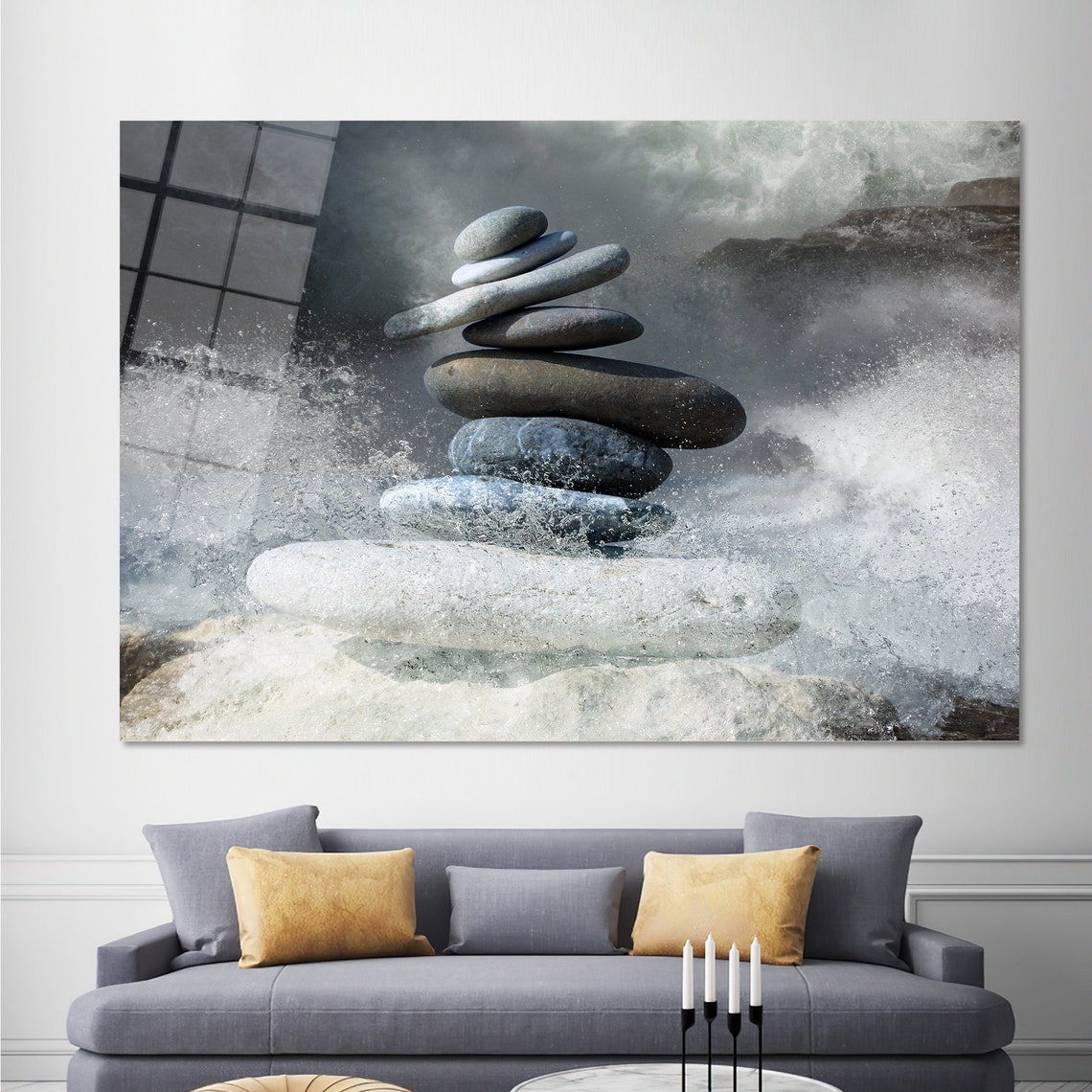 Stone Cairn Stack Rocky Beach Waves Zen Balance Photography Poster - Image 2