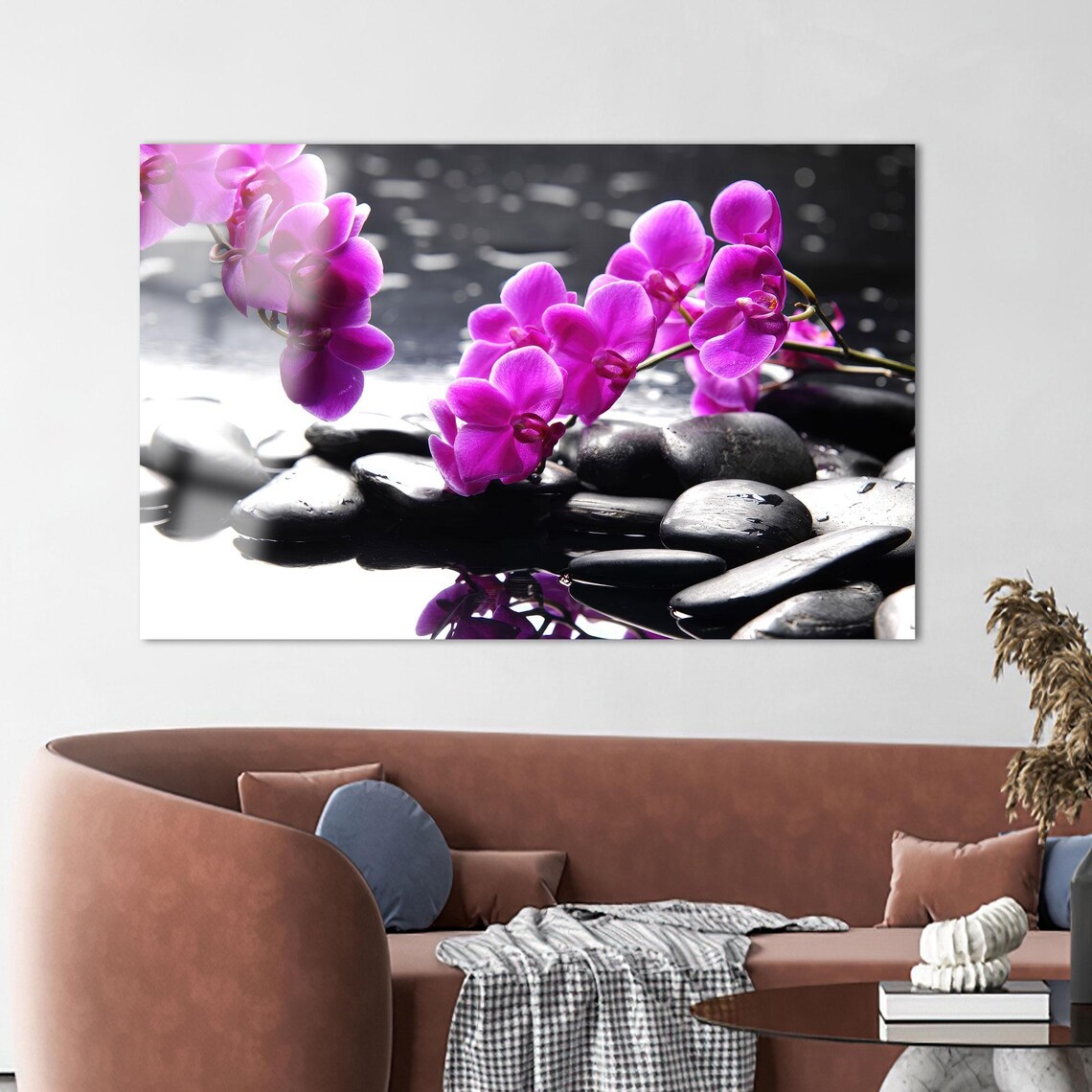 Purple Orchids Resting On Black Spa Stones Zen Floral Poster - Image 2