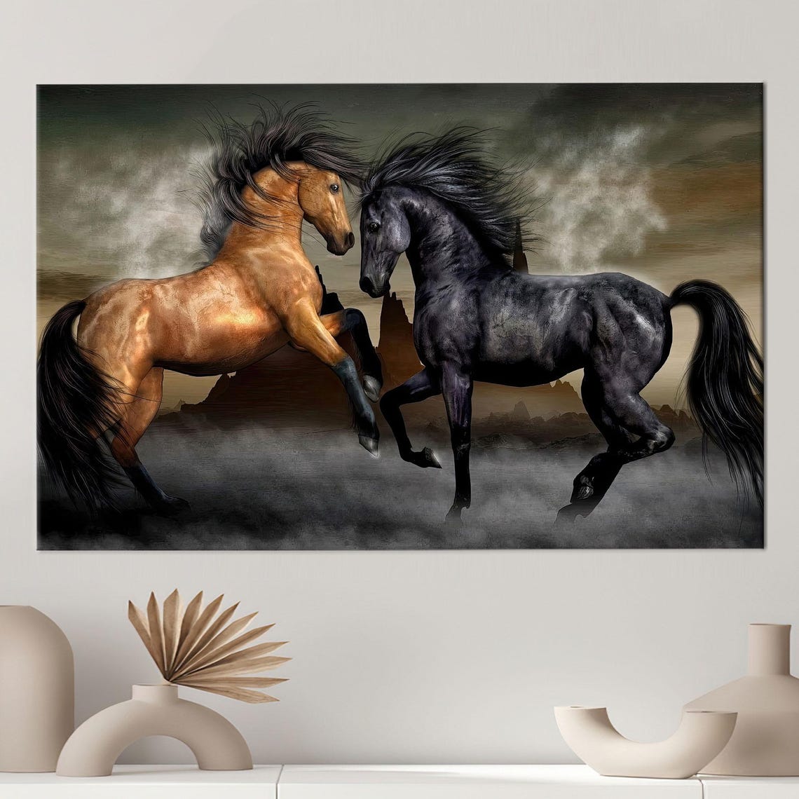 Brown And Black Stallions Rearing In Mist Dramatic Horse Poster