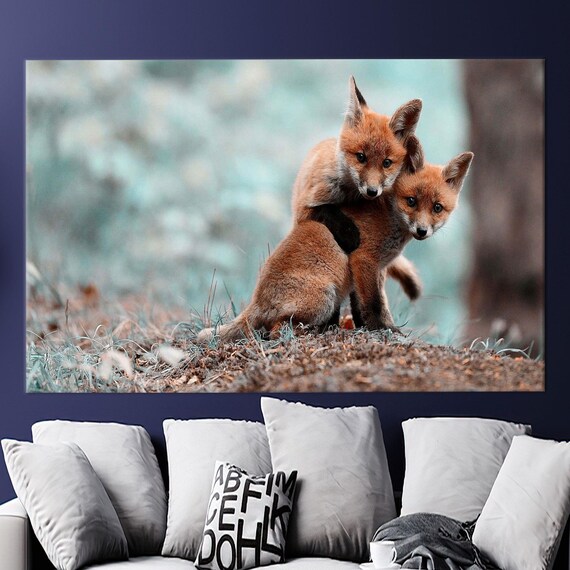 Two Playful Red Fox Cubs Wrestling Together In The Forest Poster