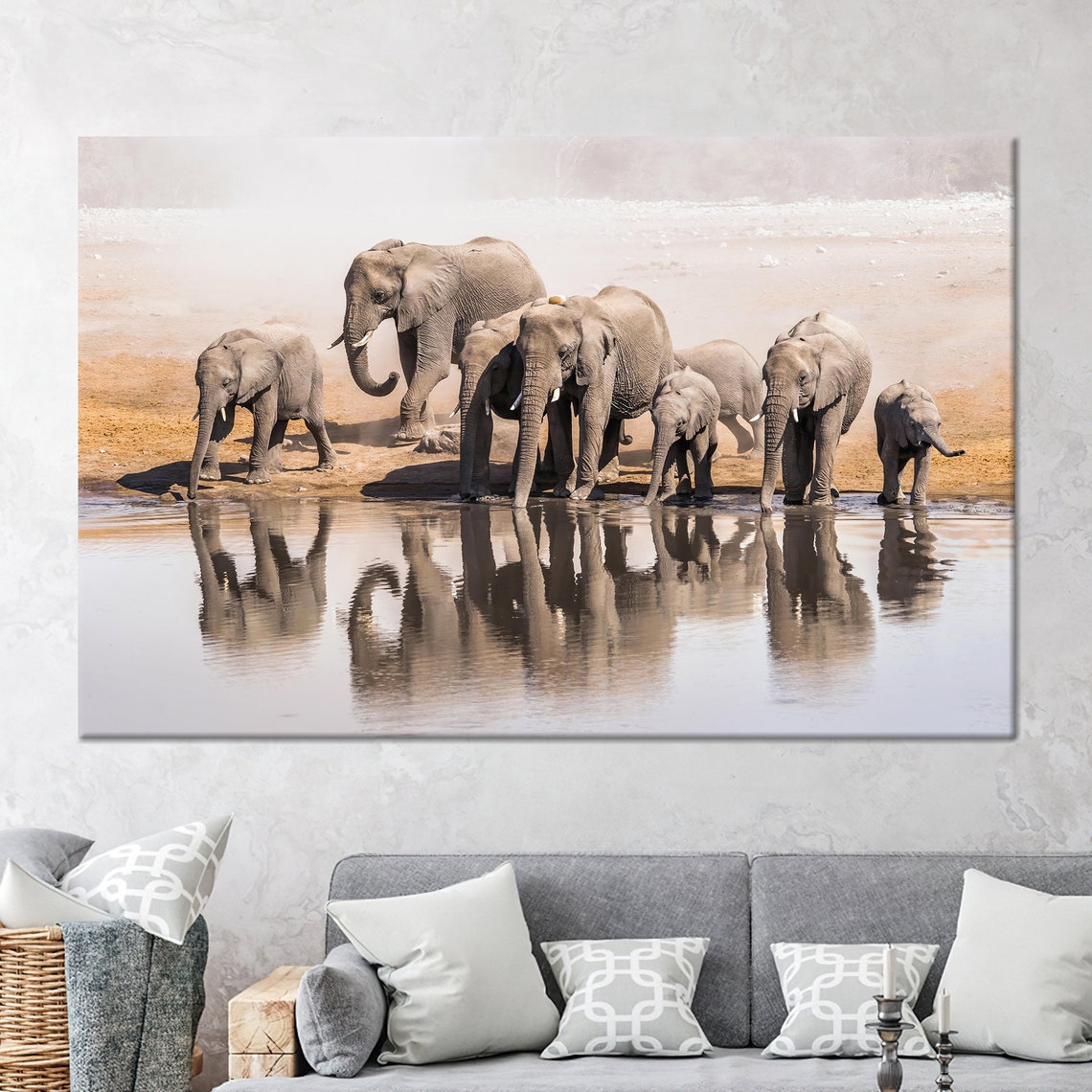 African Elephant Herd Waterhole Reflection Misty Wildlife Poster